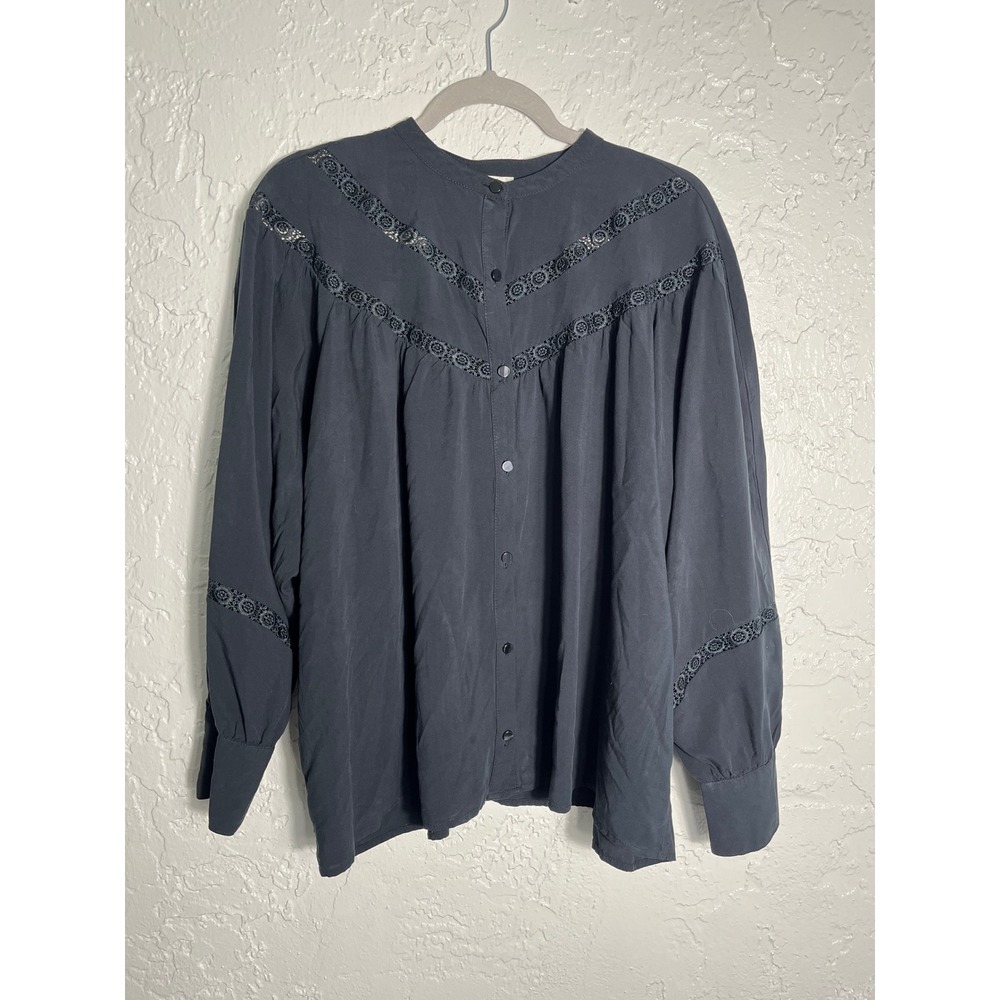 Joie Charcoal Black Lace Inset Button Front Boho Blouse Long Sleeve‎ Size M